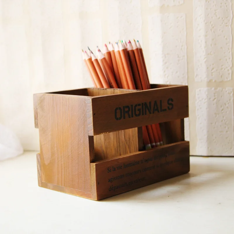 1pc Creative Retro Wood Pen Holders 2 Grids School Office Students