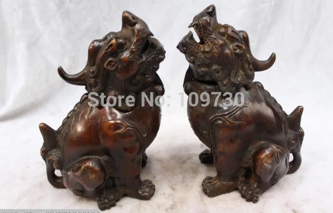 

002690 7"Chinese Folk Purple Bronze carved eximous Lucky Sit unicorn Statue Pair