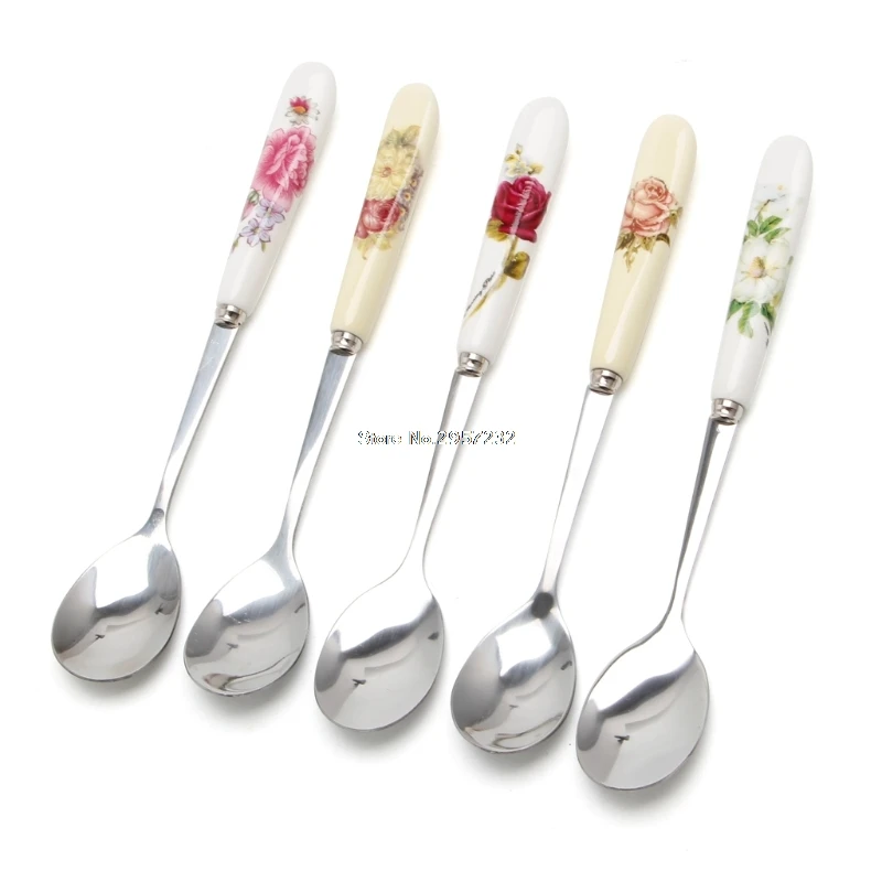 

Ceramic Handle Spoon Stainless Steel Dessert Coffee Spoons Ice Cream Teaspoon UU87