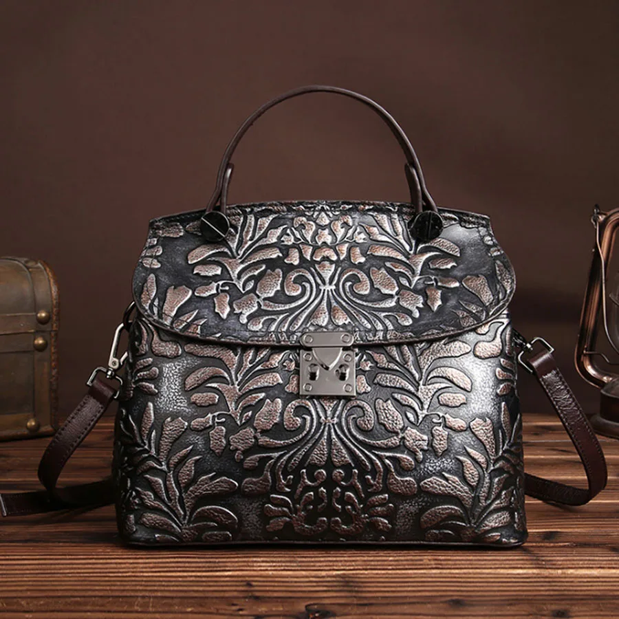 

Vintage Women Leather Cowhide Tote Bag Casual Crossbody Shoulder Bags Famous Brand Embossed Handbags