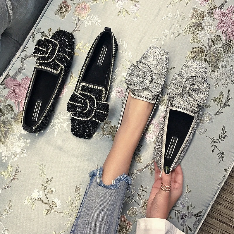 

Woman Flats Ballet Shoes Bow Autumn 2018 Luxury Female Loafer Shoes Rhinestone Casual Flat Lady Sequins Flats for woman