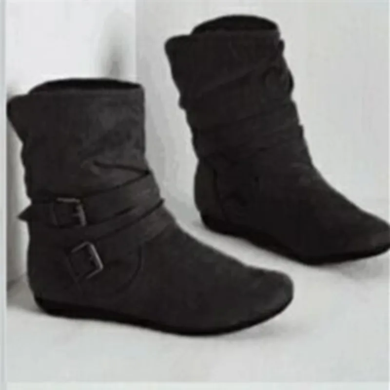 

XingDeng Women Winter Padded Cotton Velvet Flat Bukle Ankle Boots Shoes Ladies Spring Autumn Boots Plus Size 35-43