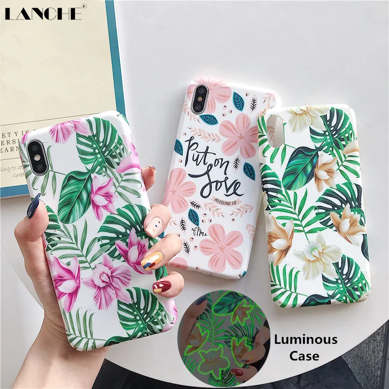 

LANCHE Luminous Hard Phone Case For iPhone 7 X XR XS Max Case Flower Floral PC Phone Cover For iPhone 6 6S 7 8 Plus Coque Capa