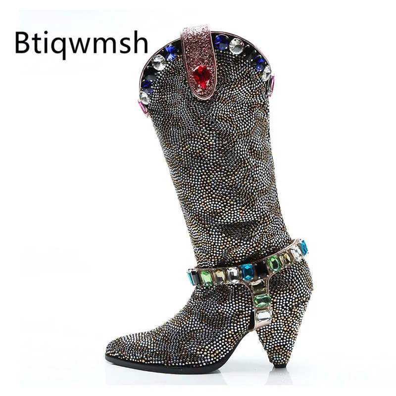 

2019 Rhinestone Boots Women Point Toe Handmade Diamond Crystal Chain Spike High Heels Boots Women Sexy Ankle Boots Runway Shoes