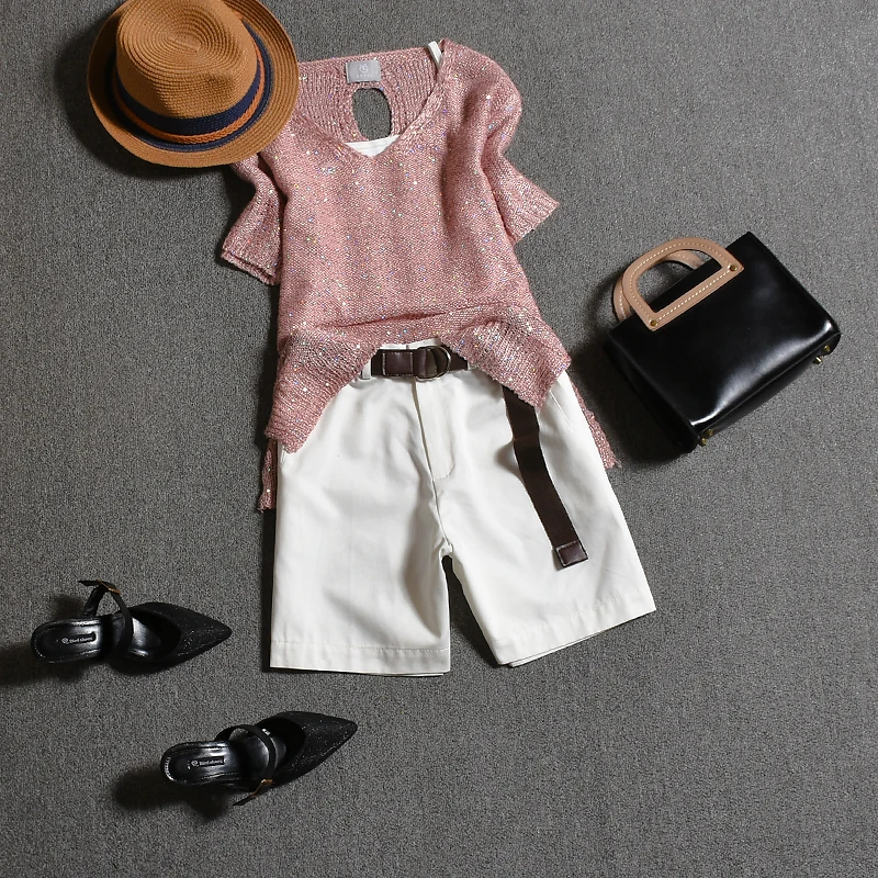 

2019 Summer New European Fashion Sequins Sweater Casual Leg Pants Fashion Elegant Suit Women's Fitness Clothing Sets Tracksuit