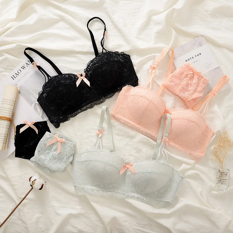 

New Sexy Bra Set Small Chest Glossy Comfortable Women Underwear Cute Embroidery Little Bee Simple Seamless Lingerie Bra Sets