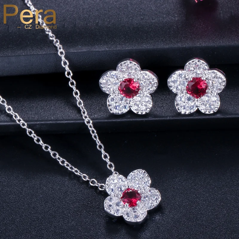 

Pera Trendy Rose Red Ladies Jewelry Big Snowflake Cubic Zirconia Stone Long Drop Pendant Necklace Earrings Set For Women J105