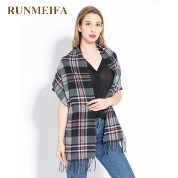 

[RUNMEIFA] 2018 Brand new style slaajs women spring and autumn plaid 100% acrylic tassel shawl scarf Keep nice and fashion