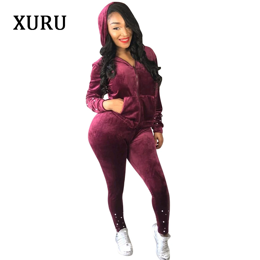

XURU Two-piece Beaded Velvet Long-sleeved Jumpsuit Women's Street Autumn and Winter Work Clothes Casual Jumpsuit Jumpsuit