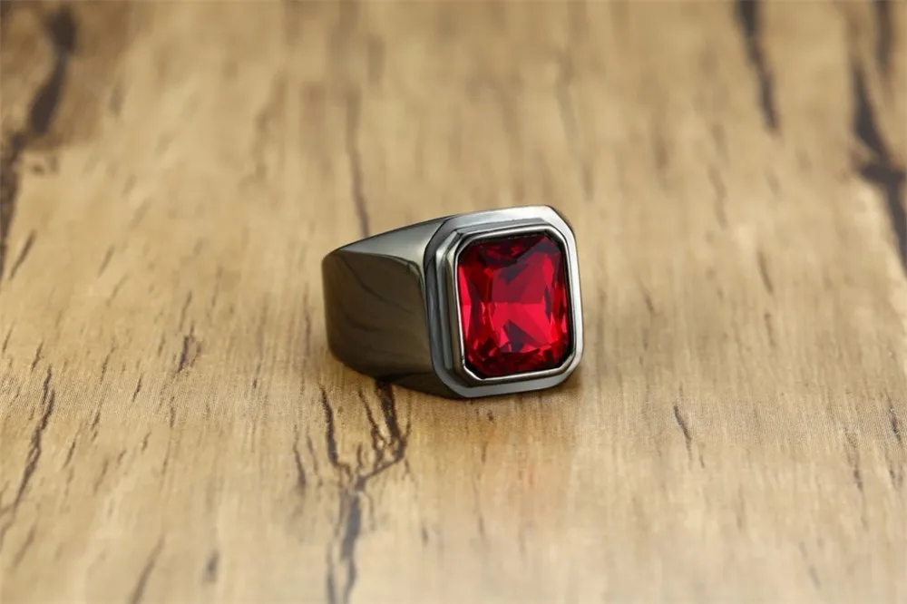 Мужские красные кольца-печатки с кубическим цирконием из черной нержавеющей стали, мужские кольца с широким диапазоном 16 мм