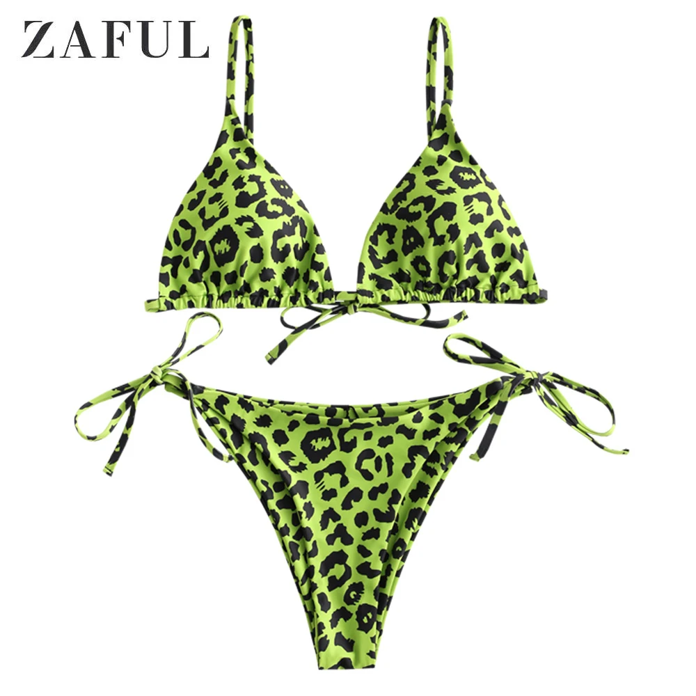 

ZAFUL Bikinis 2019 Bandage Bathing Suit Women Sexy Leopard Print Tie String Swimsuit Swimwear Straps Lace Up Bikini Set Push Up