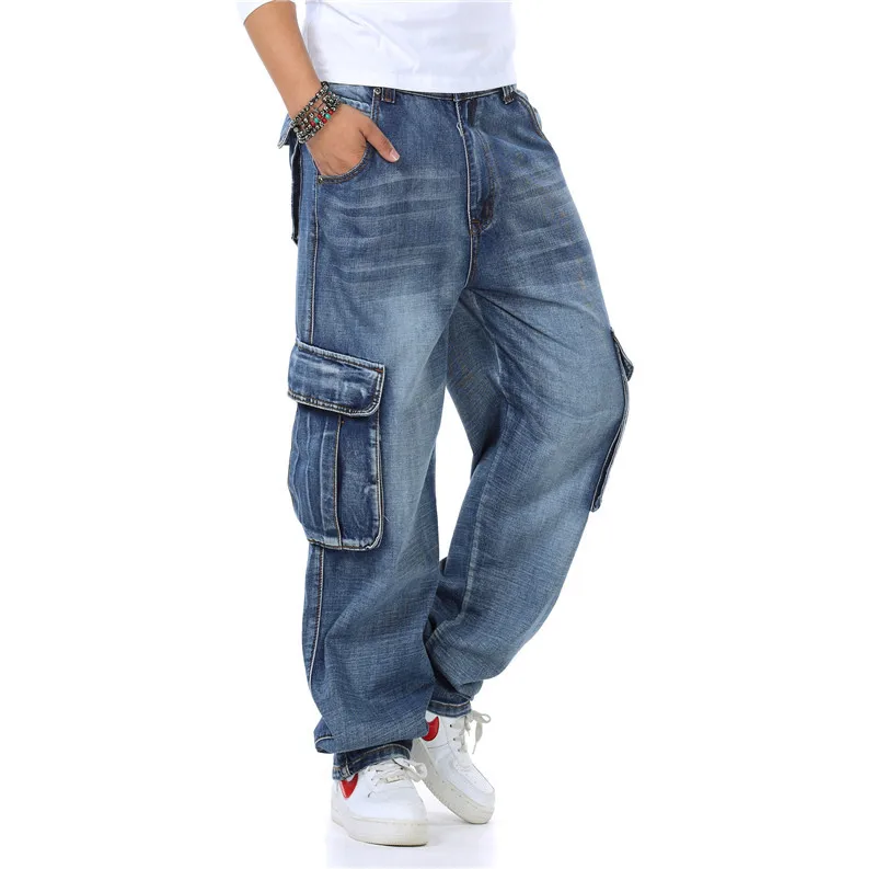 Новинка, японский стиль, Брендовые мужские прямые джинсовые брюки карго, байкерские джинсы, Мужские Мешковатые Свободные синие джинсы с боковыми карманами, плюс размер 40 46