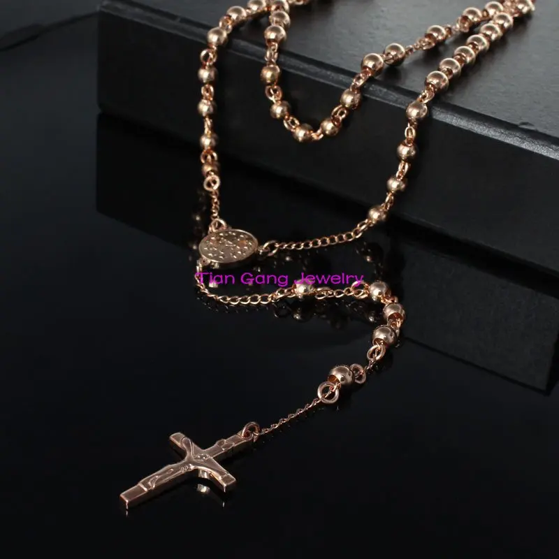 Gold 316L Stainless Steel Mens Cross Pendant 4mm/6mm/8mm Rosary Beads Necklace 