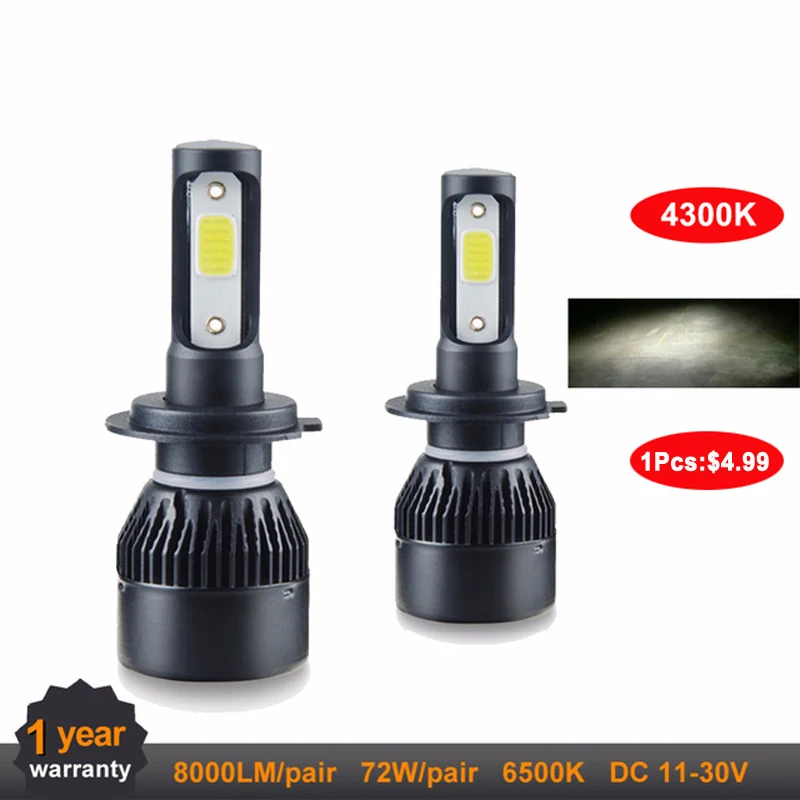 LED H4 Car Headlight 4300K H1 H11 H7 Auto Bulbs HB4 HB3 9005 9006 72W 8000LM Automobile Headlamp Fog Light 12V 6500K | Автомобили и