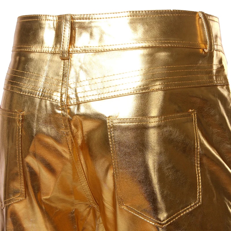 Мотоциклетные брюки из искусственной кожи мужские брендовые обтягивающие глянцевый золотистый Серебристый черные брюки для ночного клуба сценические брюки для певцов танцоров