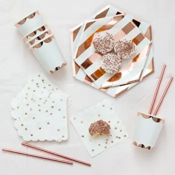 

Rose gold Paper plates cups straws napkin for wedding happy birthday party decoration Disposable Tableware supplies