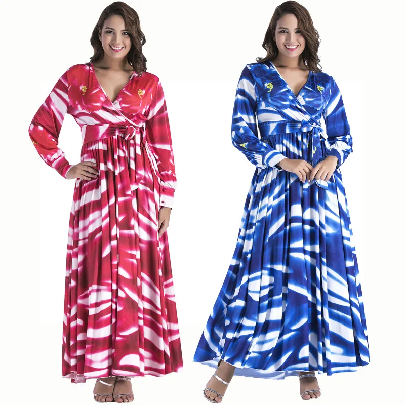 North American popular new fashion casual sexy loose large size print long sleeve female wide leg dress