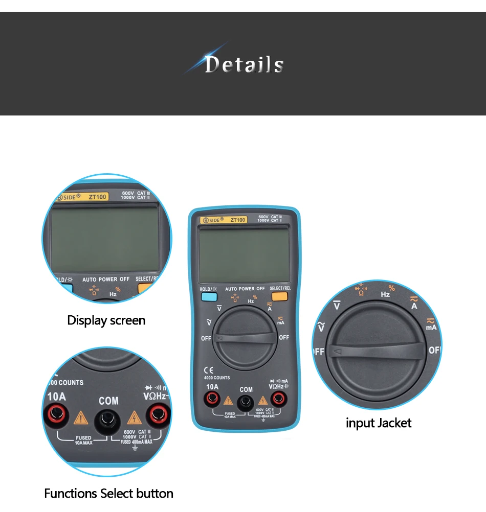 BSIDE ZT100 Цифровой мультиметр 4000 отсчетов задний светильник AC/DC 0.1uA Амперметр Напряжение Вольтметр Ом тестер Частота Диод метр DMM
