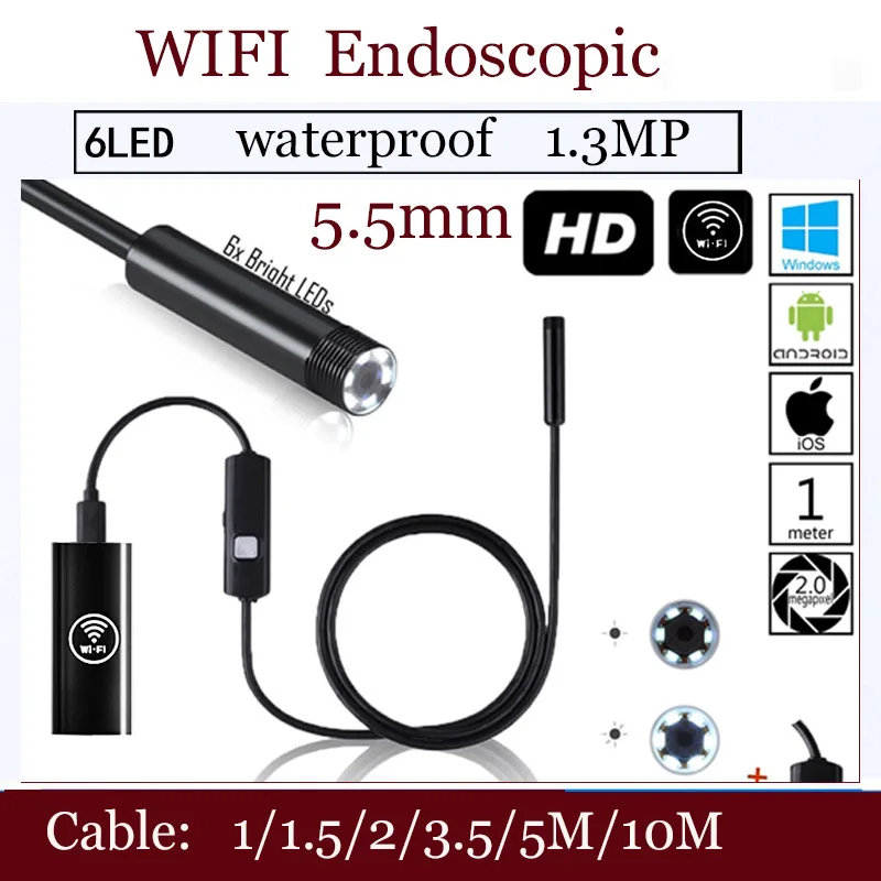 5M 6LED Waterproof WiFI Endoscope Borescope Inspection Camera For iPhone Android