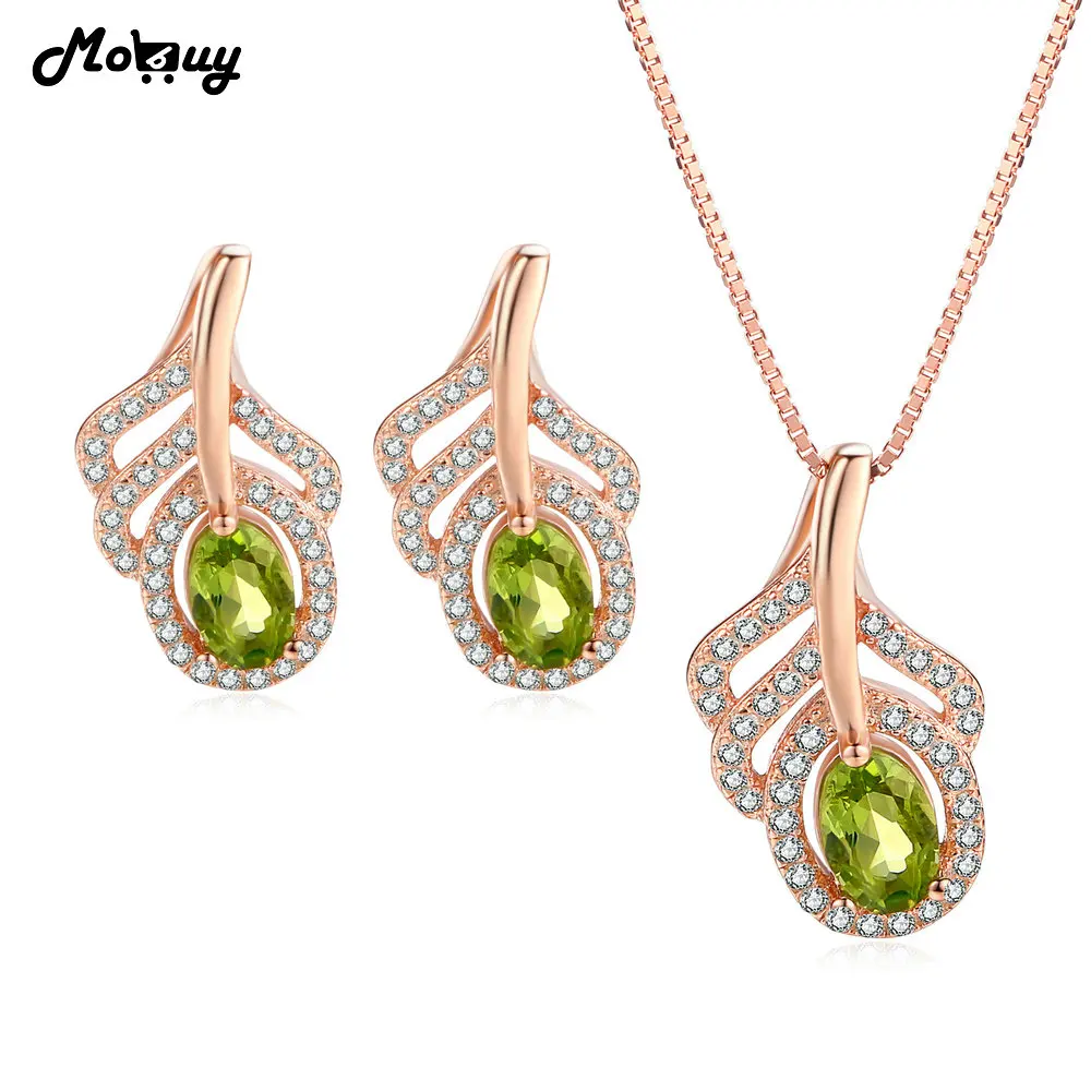 

MoBuy Green Peridot Natural Gemstone 2pcs Jewelry Sets 100% 925 Sterling Silver For Women Engagement Party Fine Jewelry V045EN