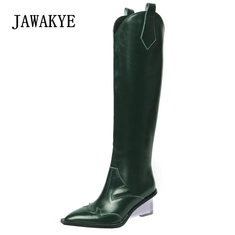

2019 Chic Knee Boots Women Pointed Toe Black Green Cow Leather Transparent Crystal Strange High Heel Boots WomAn botas Mujer