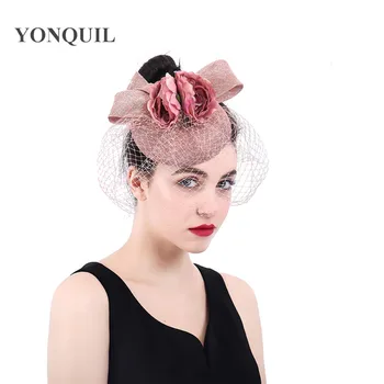 

Bow design hair peach fascinator hat women wedding party headpiece mesh flower headwear hair clip veils chapeau cap elegant