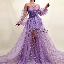 Peorchid приталенный высокий разрез 3D с цветочным рисунком, платье для выпускного вечера фиолетовый пол Длина Длинные Платья с цветочным принтом вечернее платье с рукавами Vestido De Noche Tul