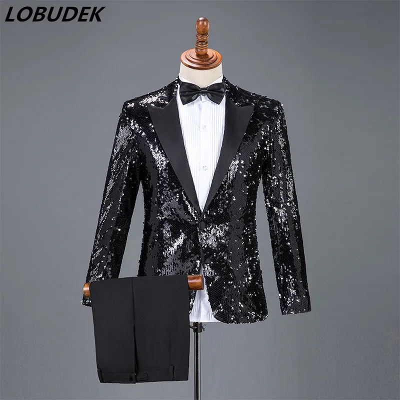 

New Men Flipping Sequins Suits Black Red Gold Sequined Blazers Sets Formal Stage Outfits Chorus Dress Singer Host Show Costume