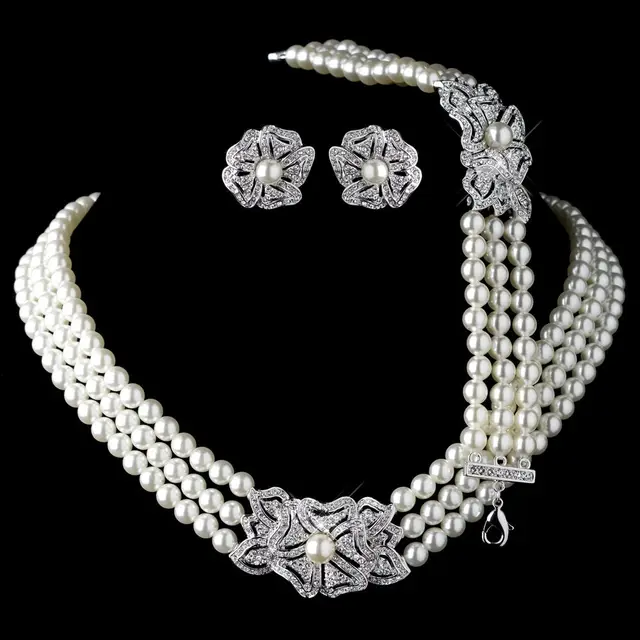 Elegant Rhodium Silver Tone Ivory Pearl Rhinestone Crystal Elegant Rhodium Silver Tone Ivory Pearl Rhinestone Crystal Necklace Earrings With Bracelet Vintage Fl Wedding