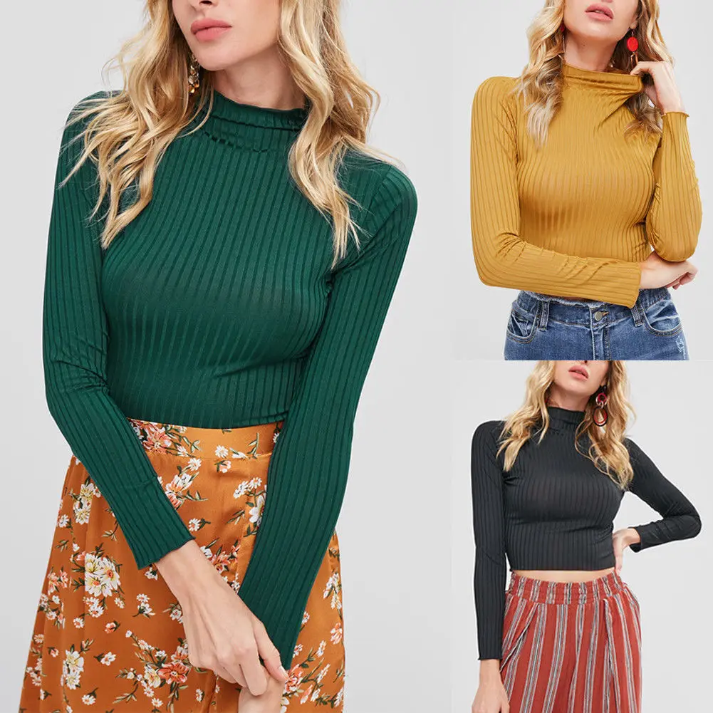

New Ladies Women T-Shirt Basic Long Sleeve Stretch High Turtle Neck Knitted Crop Jumper Top Autumn Women Clothes T-Shirts