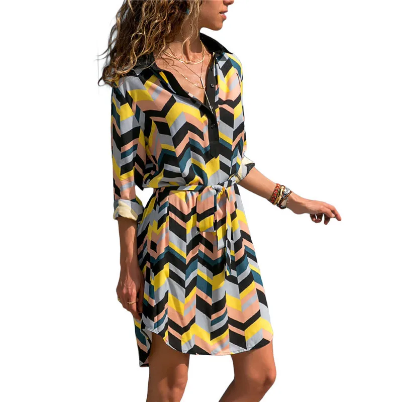 

Summer Chiffon Boho Beach Dresses Long Sleeve Shirt Dress Women Casual Striped Print A-line Party Dress 2019 Vestidos