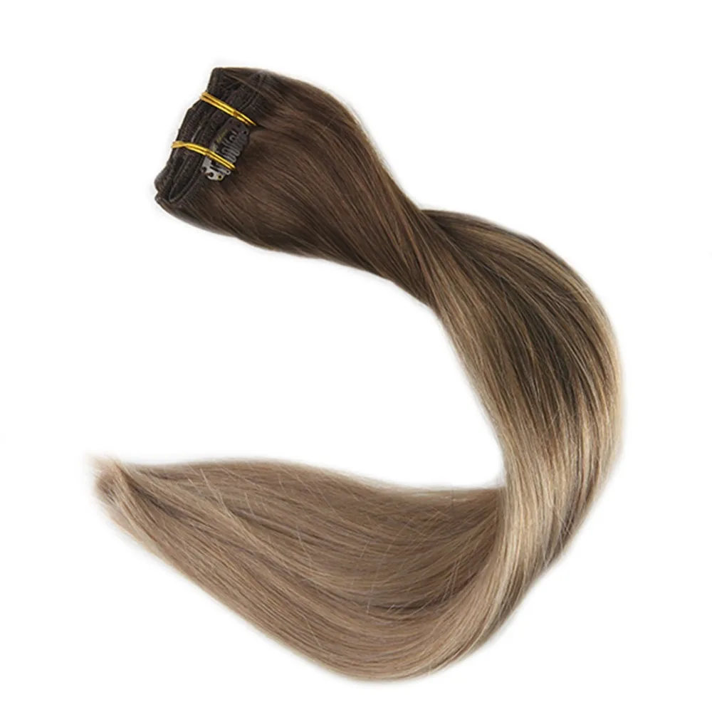 Full Shine Human Hair Clip In Extensions Blonde Balayage Color 4