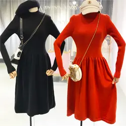 В Корейском стиле с высокой талией Вязание платье Для женщин на весну и зиму новый с длинными рукавами тонкие однотонные Цвет Vestidos E412