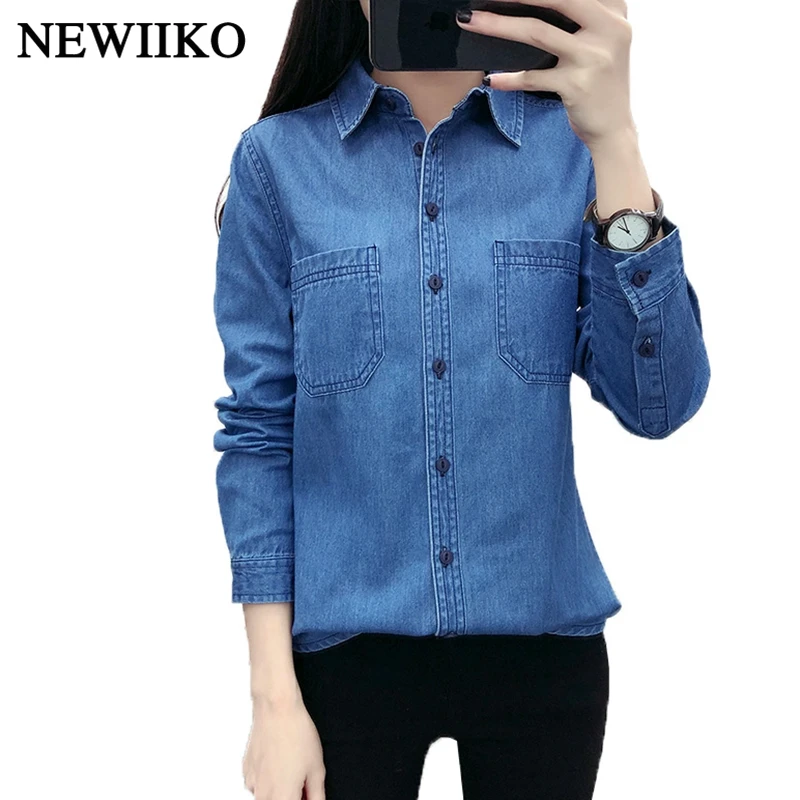 

2019 New spring Autumn women cotton pocket Turn-down Collar long sleeve blouse blue Denim shirt casual tops