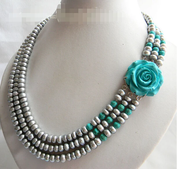 

FREE shipping>3Strands 18'' 8mm Gray Slice Freshwater Pearl Round Turquoise Necklace 6.07