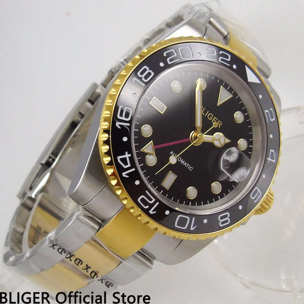 

BLIGER 40MM Black Face Men's Watch Ceramic Bezel GMT Function Gold Plated Watchcase Sapphire Automatic Movement Wrist Watch