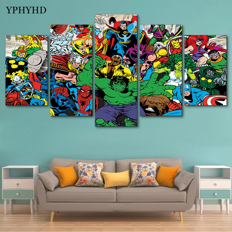YPHYHD Modern 5 Piece Super Hero Canvas Painting Print Poster Picture