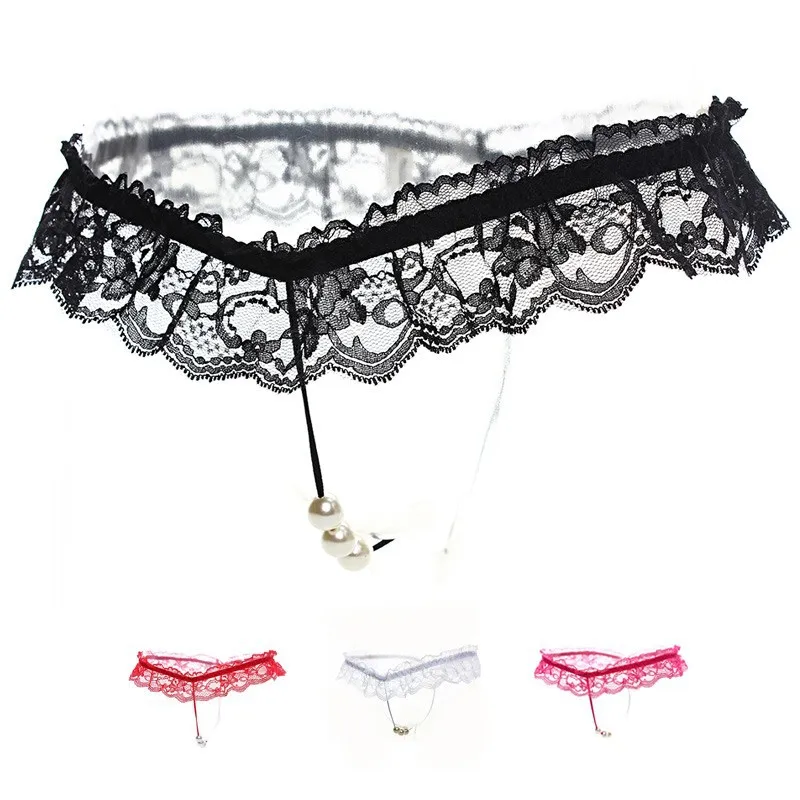 Sexy Women Pearl Panties Lace Crotchless Exotic Apparel Plus Size Thongs Fashion G-String 30