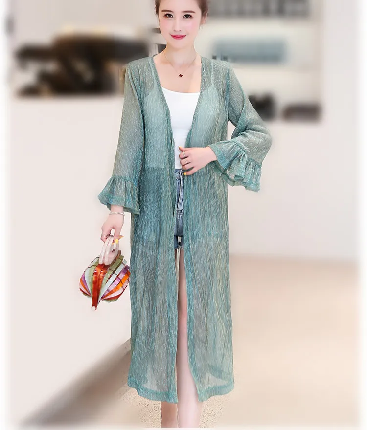 

summer holiday women shiny mesh cardigans lady plus size flare sleeve mesh kimonos woman plus size shiny sunscreen tops beach
