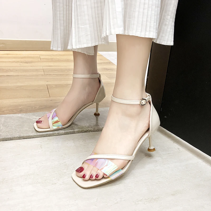 

Rimocy Sandalias Mujer 2019 Summer New Thin Heels Women's Gladiator Sandals with Open Toe Transparent Band Sexy Woman Rome Shoes