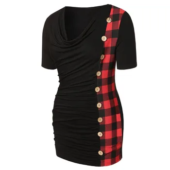 

Womens Tops And Blouses Sexy O-Neck Button Ruched Short Sleevet Plaid Print Tops Blouses camiseta mujer