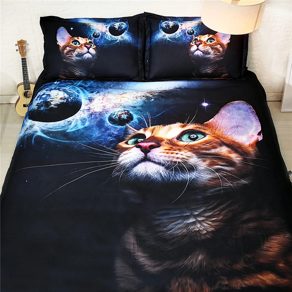 3D Galaxy Cat Bed and Bedding Set Microfiber Bedding fadeless Comforter Duvet Cover Set US Queen