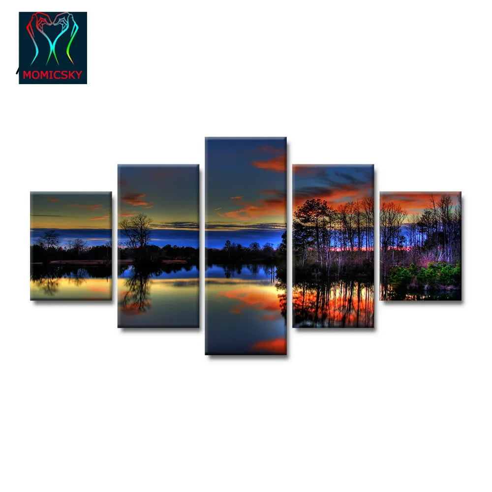 Home Decor 5 панель модульного холсте Картина Закат Облако Дерево воды плакат HD Печать