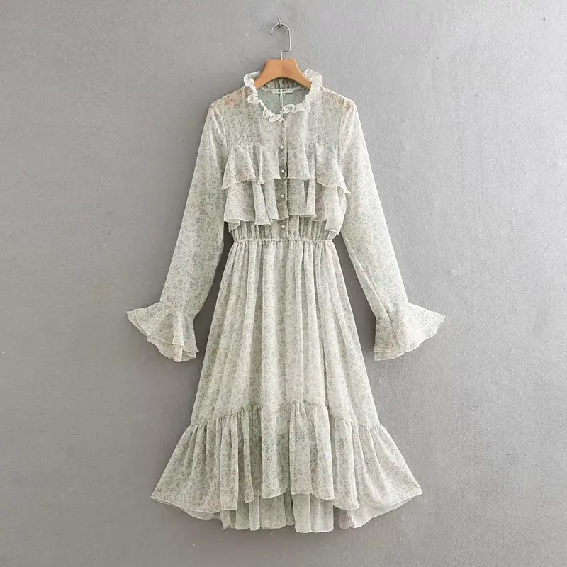 

2019 women high street ruffled flare sleeve floral print vestidos ladies elastic waist ruffles asymmetrical chiffon dress DS2007