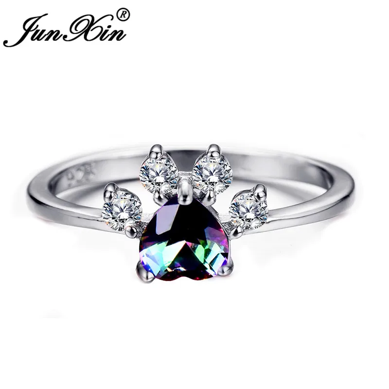 

JUNXIN Animal Bear Cat Dog Paw Rainbow Fire Opal Rings For Women 925 Sterling Silver Filled Zircon Heart Claws Birthstone Ring