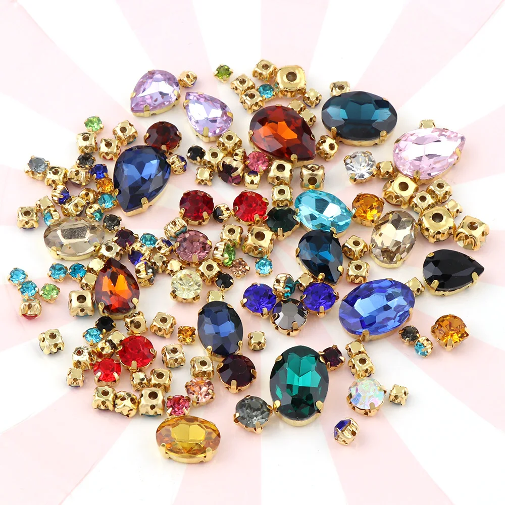 

100pcs Mix Shape Oval Drop Round Transparent Glass SewOn Rhinestone With Gold Color Claw Apply To DIY Clothing Decoration Random