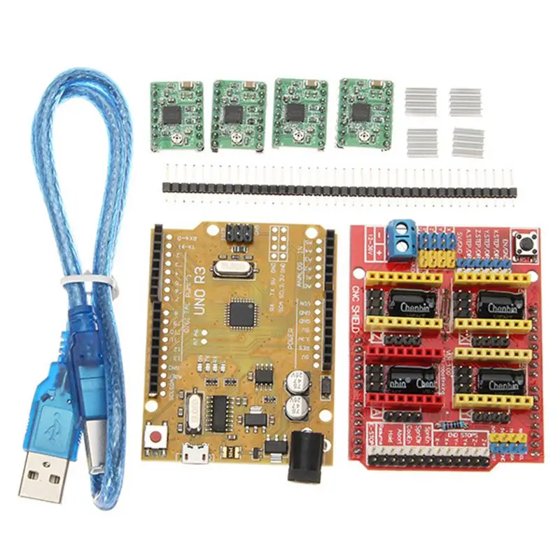 

CNC Shield V3 Expansion Board + 4xA4988 Step Motor Driver Module + UNO R3 Board kit For Arduino 3D Printer