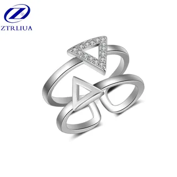 

Korean Style Fashion 925 Sterling Silver Jewelry Temperament Double Layer Crystal Triangle Geometry Opening Rings SR316