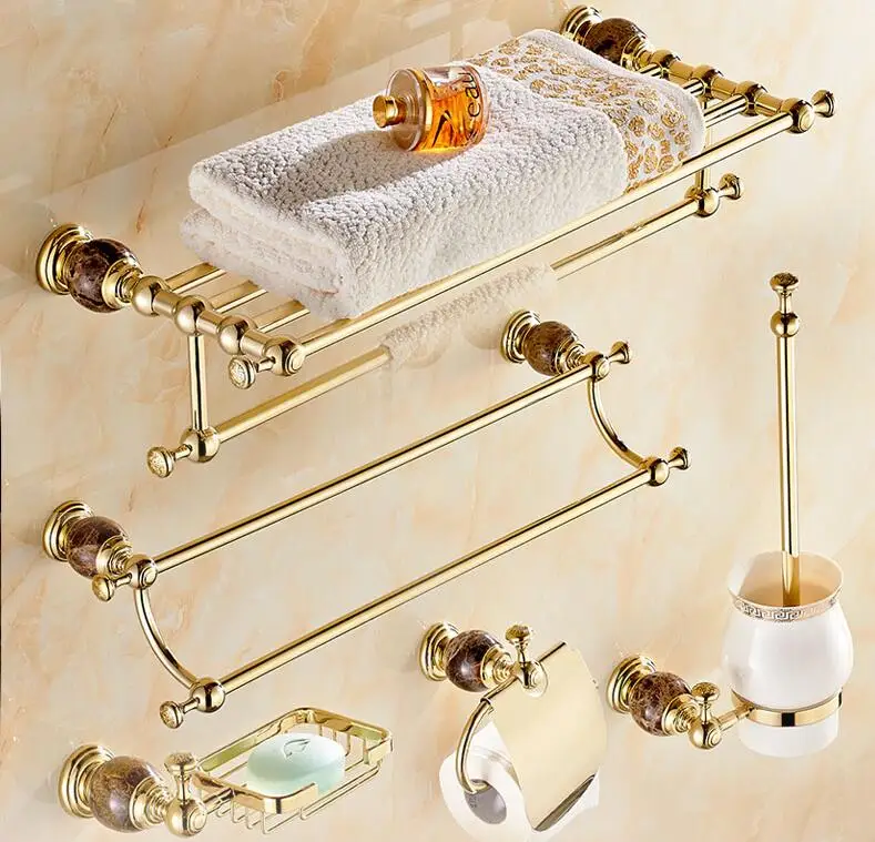Gold Polished Brass Bathroom Accessories Towel Shelf Towel Bar Bath Hardware Set 
