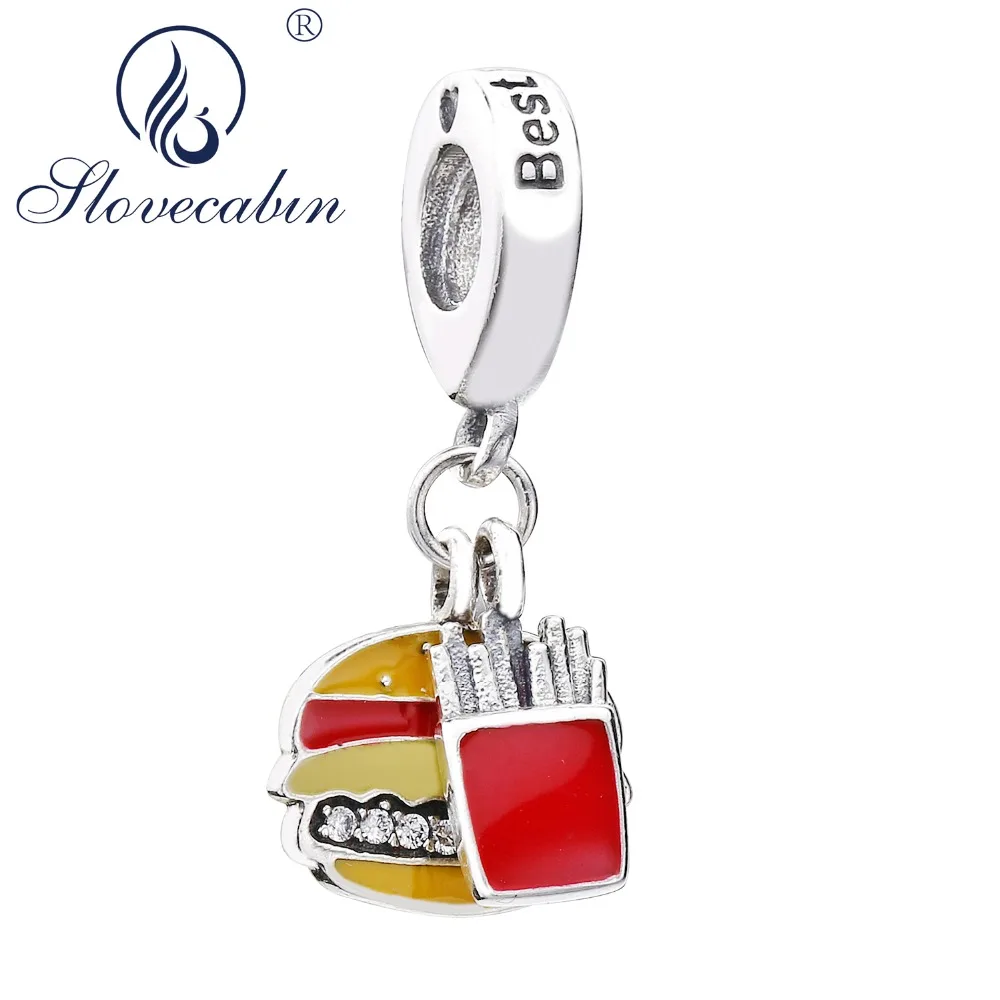

Slovecabin 925 Sterling Silver 2018 Summer Burger & Fries Dangle Charm Dropper Colorful Enamel Pendant Fit Original Bracelet